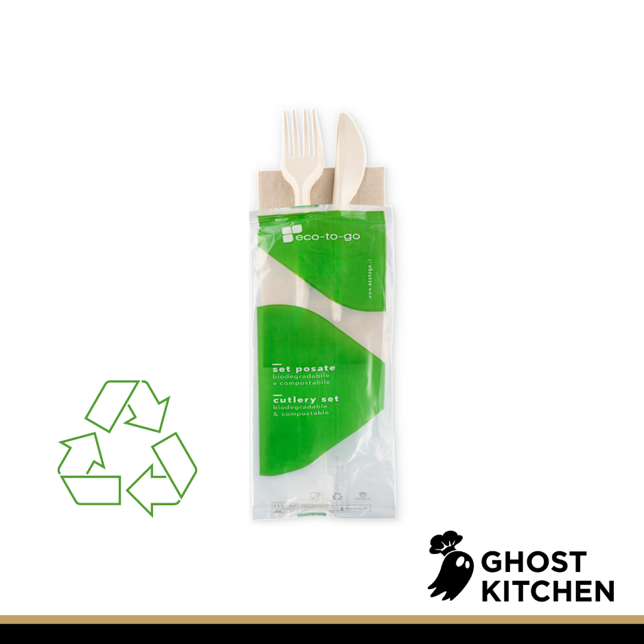 Forchetta e coltello BIO con tovagliolo - 500 PZ - Da 0,18€