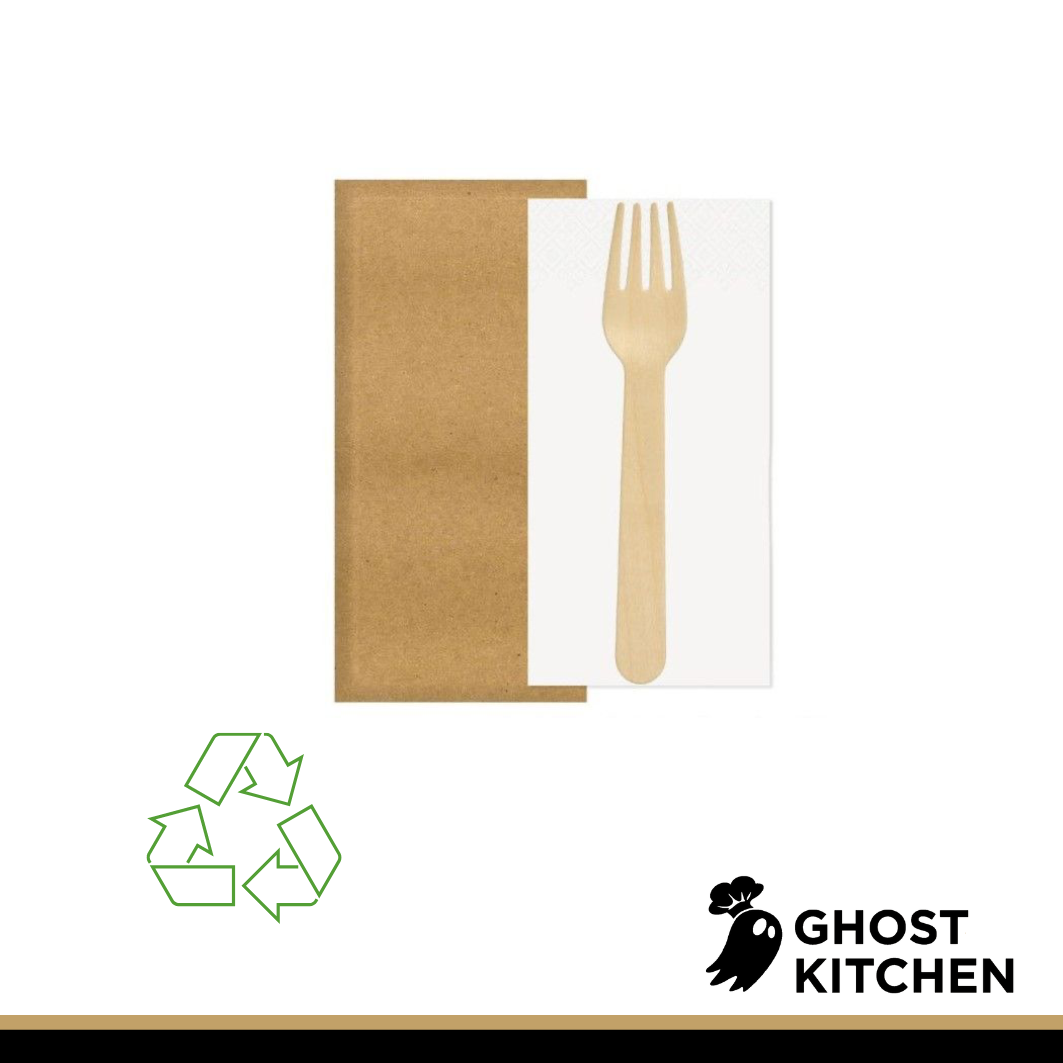 Forchetta in legno 100% COMPOSTABILE + tovagliolo e busta in carta. - 250 PZ - Da 0,17€
