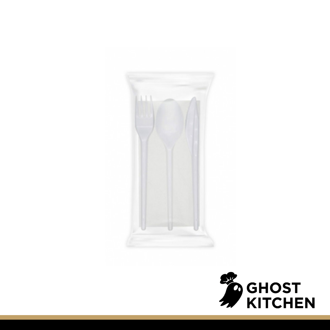 TRIS Forchetta - coltello - cucchiaio con tovagliolo trasparente  - 500 PZ - Da 0,20€
